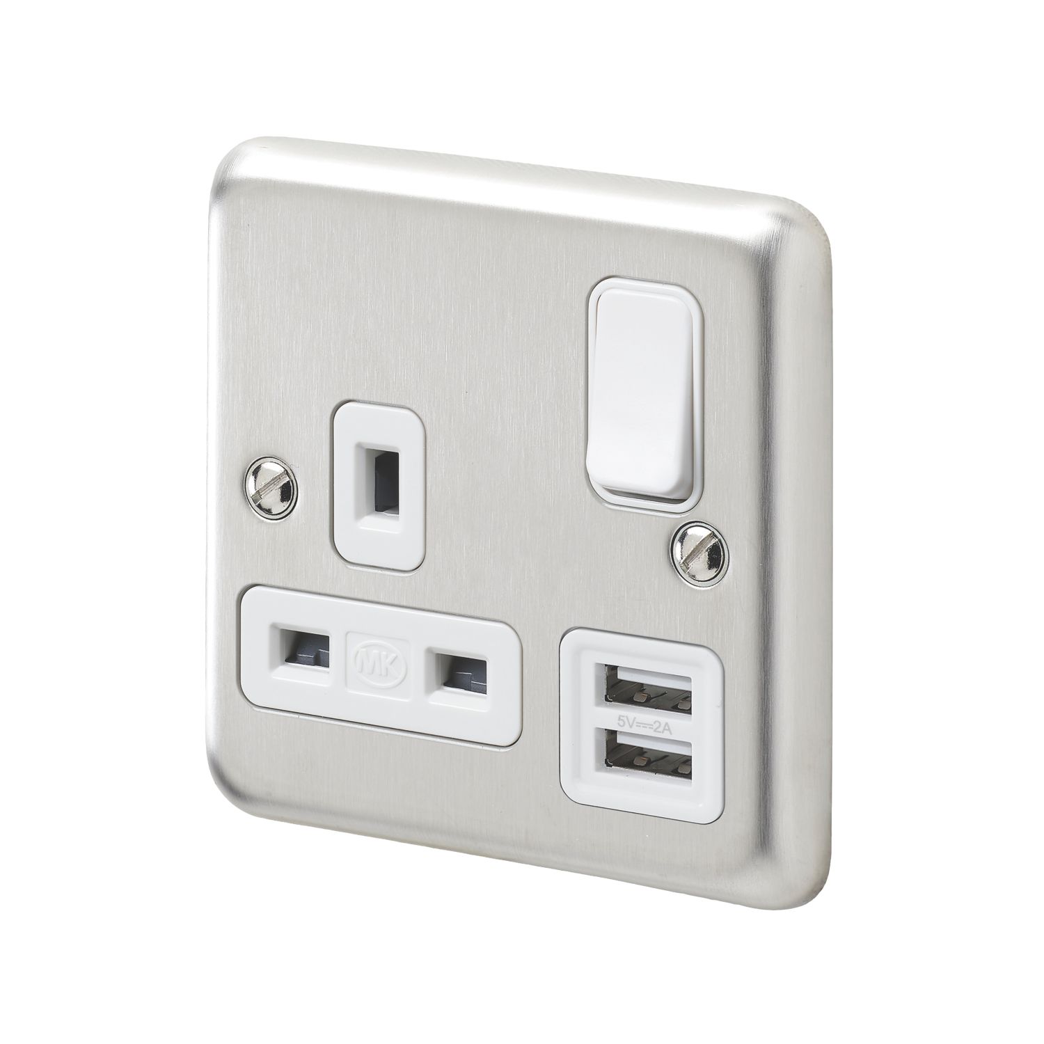 MK Contoura 13A 1-Gang DP Switched Socket + 2A 10.5W 2-Outlet Type A USB Charger Brushed Stainless Steel with White Inserts (843RG)