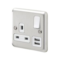 MK Contoura 13A 1-Gang DP Switched Socket + 2A 2-Outlet Type A USB Charger Brushed Stainless Steel with White Inserts