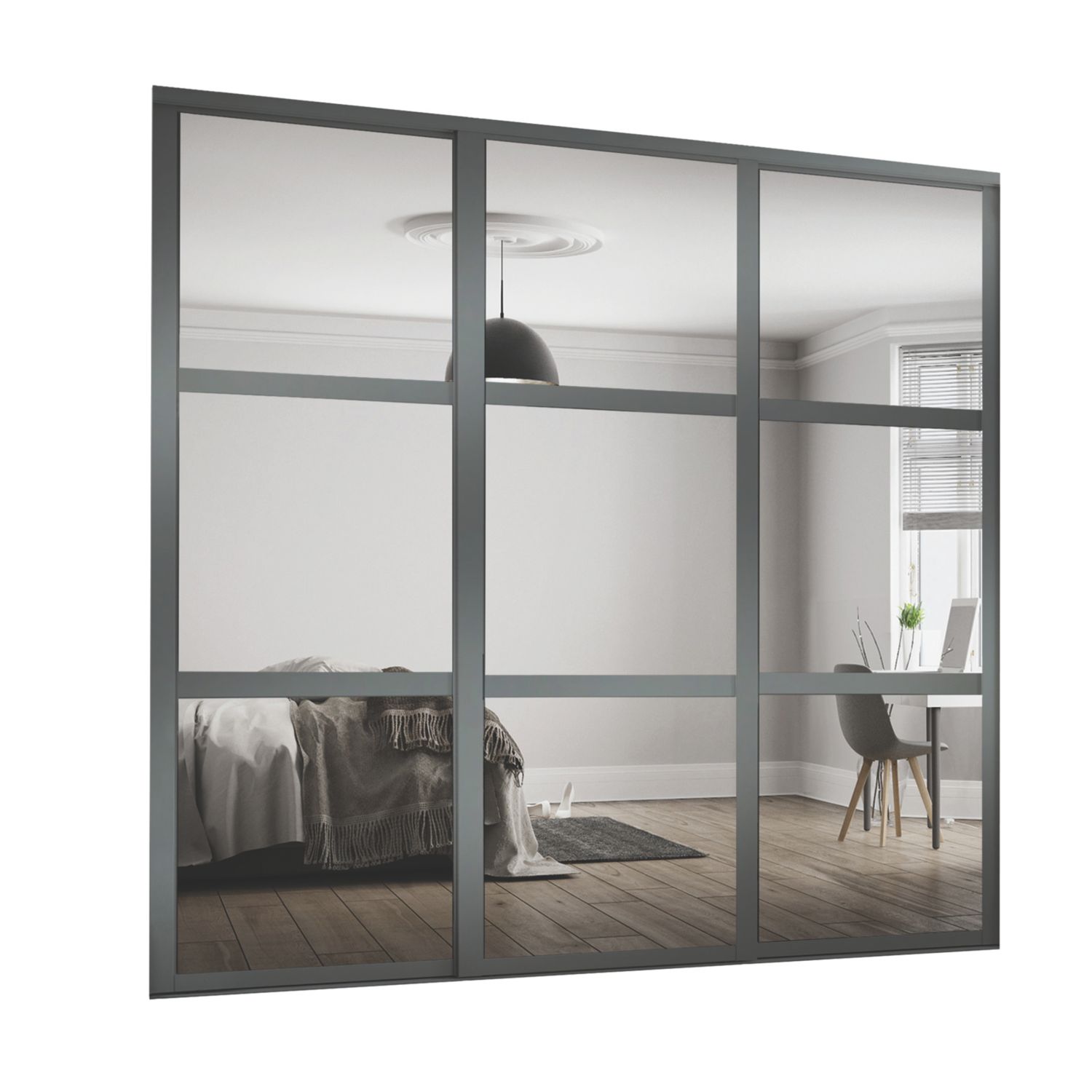 Spacepro Shaker 3-Door Sliding Wardrobe Door Kit Graphite Frame Mirror Panel 1760mm x 2260mm (844KJ)