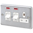 MK Albany Plus 45A 2-Gang DP Cooker Switch & 13A DP Switched Socket Brushed Chrome with Neon with White Inserts