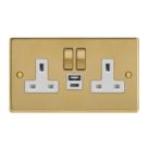 Varilight  13A 2-Gang SP Switched Socket + 4A 20W 2-Outlet Type A & C USB Charger Polished Brass with White Inserts