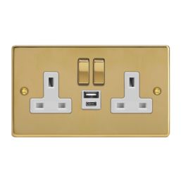 Varilight  13A 2-Gang SP Switched Socket + 4A 20W 2-Outlet Type A & C USB Charger Polished Brass with White Inserts