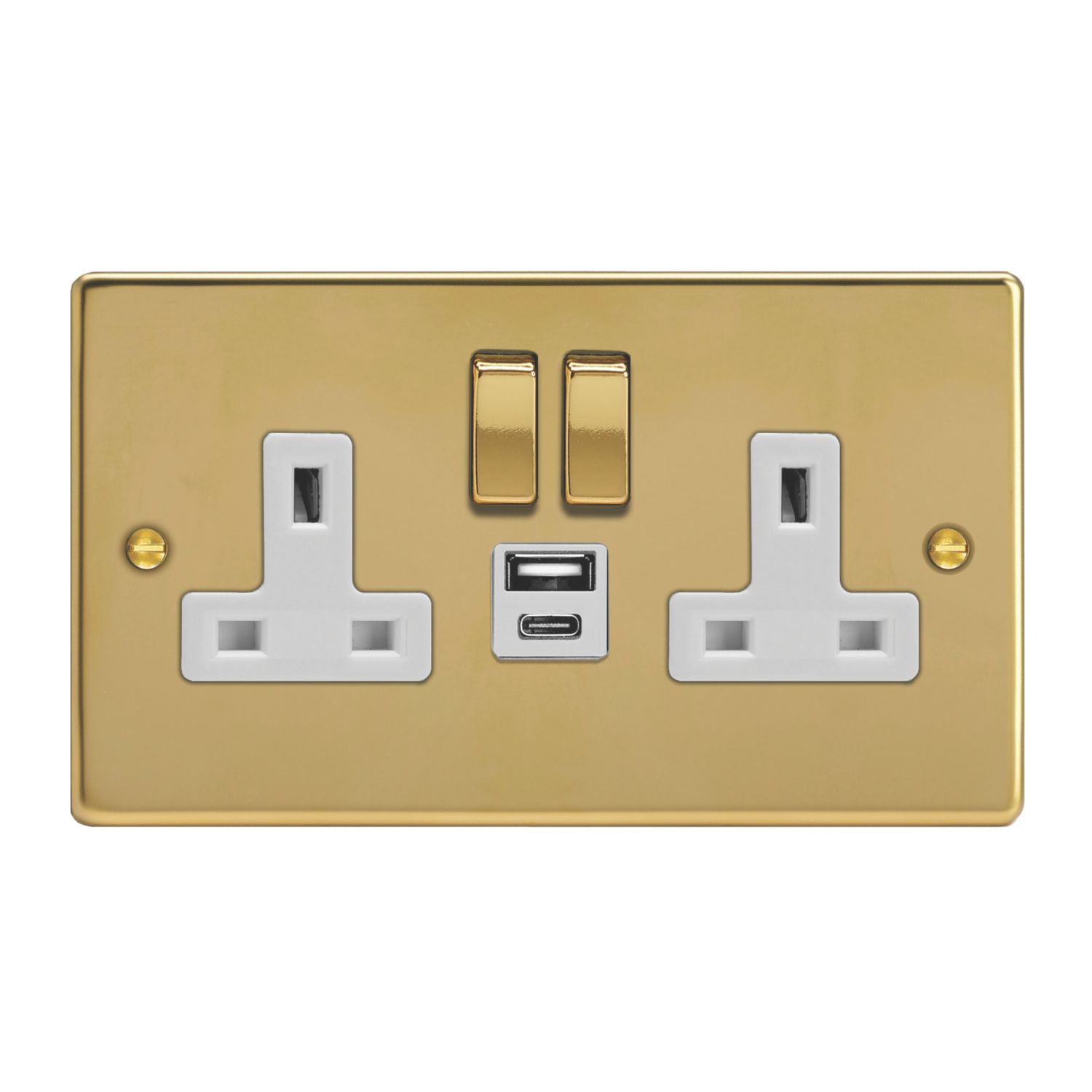 Varilight 13A 2-Gang SP Switched Socket + 4A 20W 2-Outlet Type A & C USB Charger Polished Brass with White Inserts (847EA)