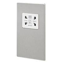 MK Aspect 2-Gang Dual Voltage Shaver Socket 115 / 230V Brushed Stainless Steel with White Inserts