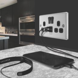 LAP  13A 2-Gang SP Switched Socket + 2.4A 12W 2-Outlet Type A USB Charger Brushed Steel with Black Inserts