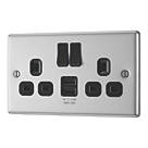 LAP  13A 2-Gang SP Switched Socket + 2.4A 12W 2-Outlet Type A USB Charger Brushed Steel with Black Inserts