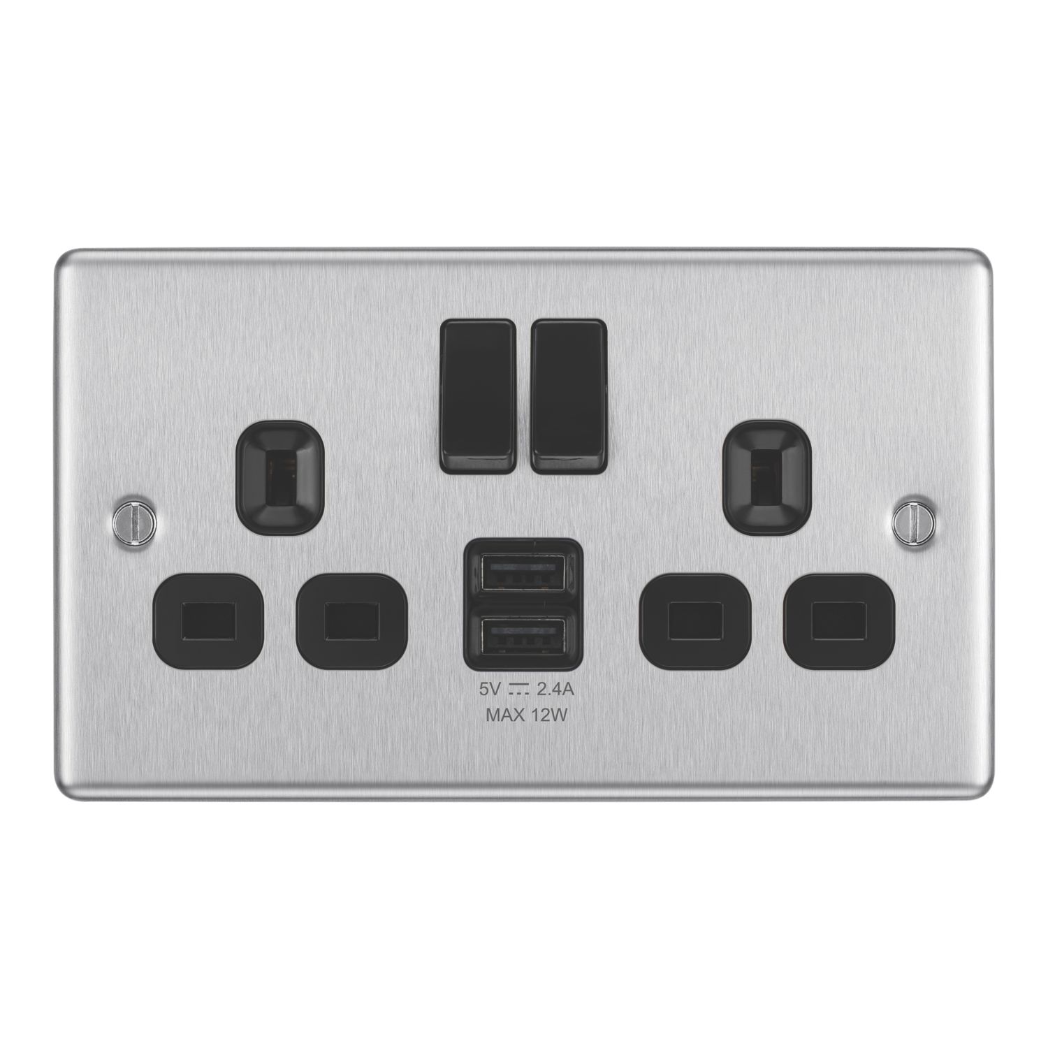 LAP 13A 2-Gang SP Switched Socket + 2.4A 12W 2-Outlet Type A USB Charger Brushed Steel with Black Inserts (850PN)