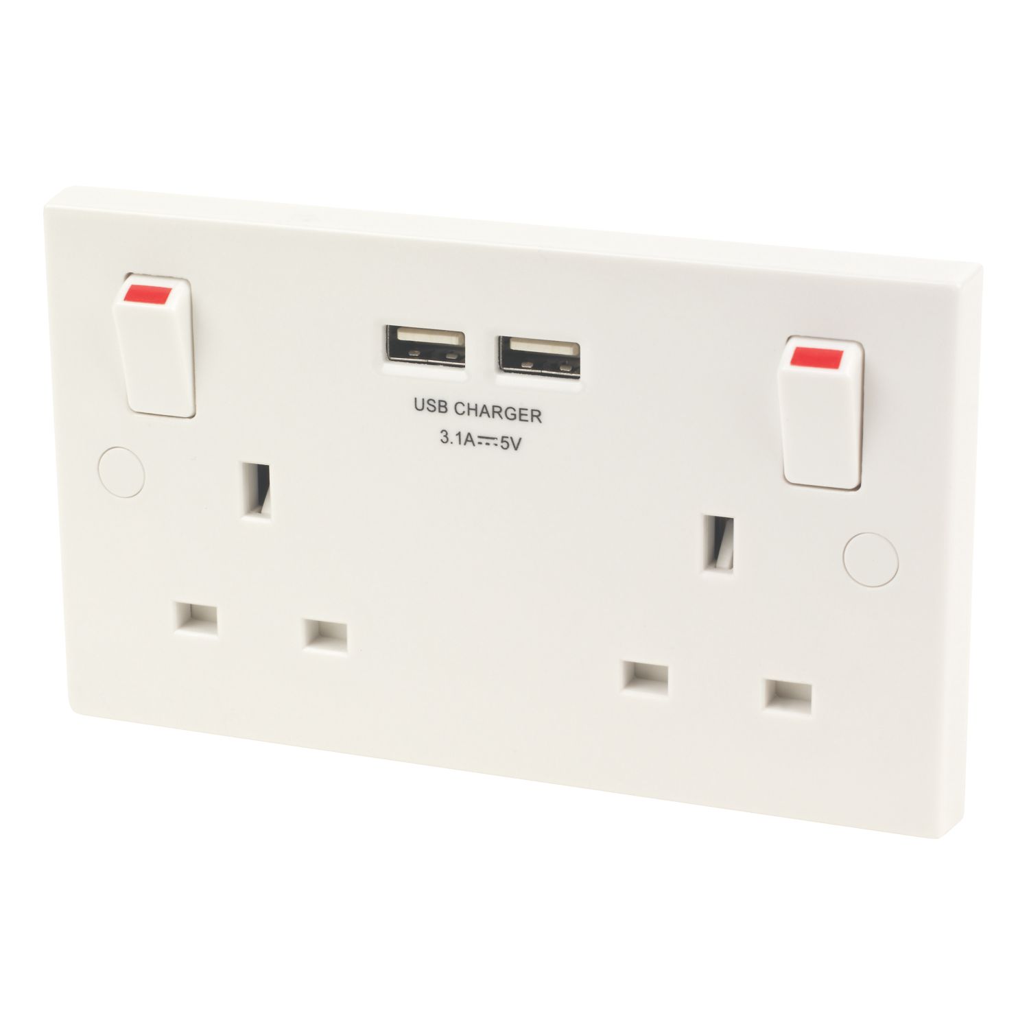 British General 900 Series 13A 2-Gang SP Switched Socket + 3.1A 15.5W 2-Outlet Type A USB Charger White (8529P)