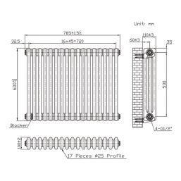 Flomasta 600mm x 785mm 3376BTU Anthracite Horizontal 3 Column Radiator