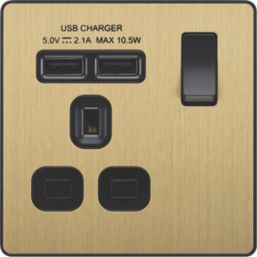 British General Evolve 13A 1-Gang SP Switched Socket + 2.1A 10.5W 2-Outlet Type A USB Charger Satin Brass with Black Inserts