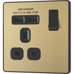British General Evolve 13A 1-Gang SP Switched Socket + 2.1A 10.5W 2-Outlet Type A USB Charger Satin Brass with Black Inserts