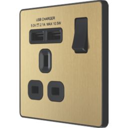 British General Evolve 13A 1-Gang SP Switched Socket + 2.1A 10.5W 2-Outlet Type A USB Charger Satin Brass with Black Inserts