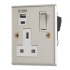 Contactum iConic 13A 1-Gang DP Switched Socket + 3.1A 15.5W 1-Outlet Type A & C USB Charger Brushed Stainless Steel with White Inserts