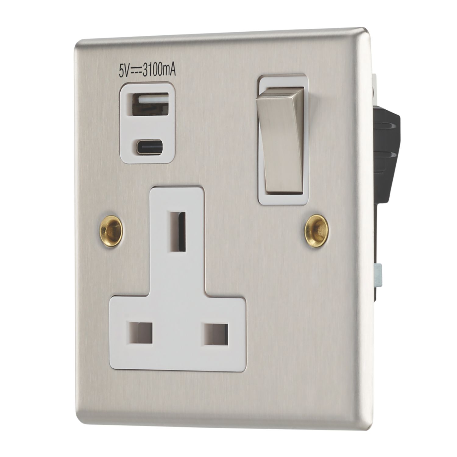 Contactum iConic 13A 1-Gang DP Switched Socket + 3.1A 15.5W 1-Outlet Type A & C USB Charger Brushed Stainless Steel with White Inserts (852RP)
