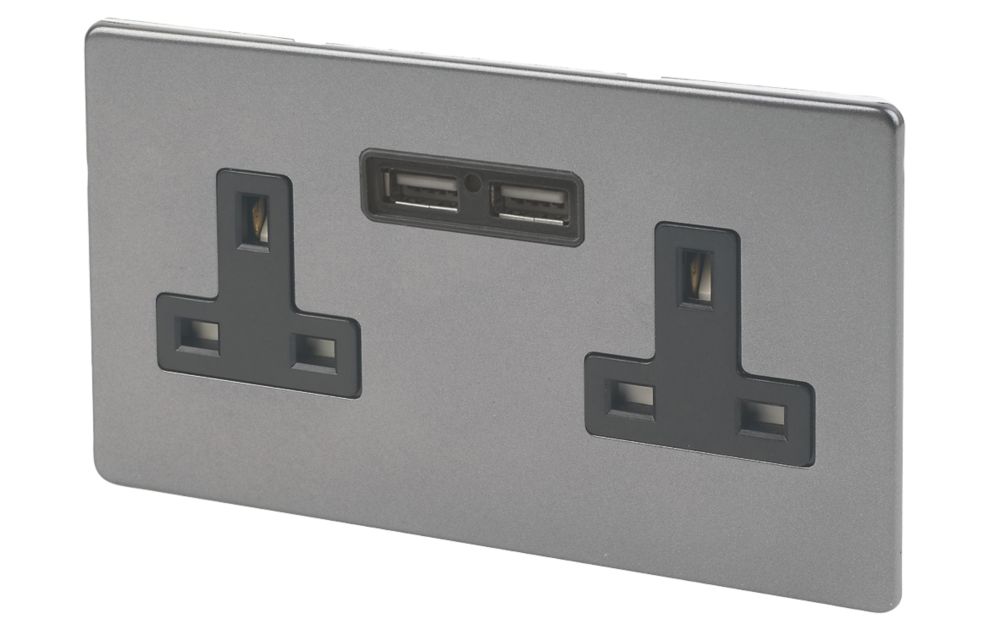 Varilight  13AX 2-Gang Unswitched Socket + 2.1A 10.5W 2-Outlet Type A USB Charger Slate Grey with Black Inserts