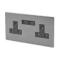 Varilight  13AX 2-Gang Unswitched Socket + 2.1A 2-Outlet Type A USB Charger Slate Grey with Black Inserts