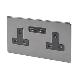 Varilight  13AX 2-Gang Unswitched Socket + 2.1A 10.5W 2-Outlet Type A USB Charger Slate Grey with Black Inserts