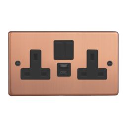 Varilight  13A 2-Gang SP Switched Socket + 4A 20W 2-Outlet Type A & C USB Charger Brushed Copper with Black Inserts
