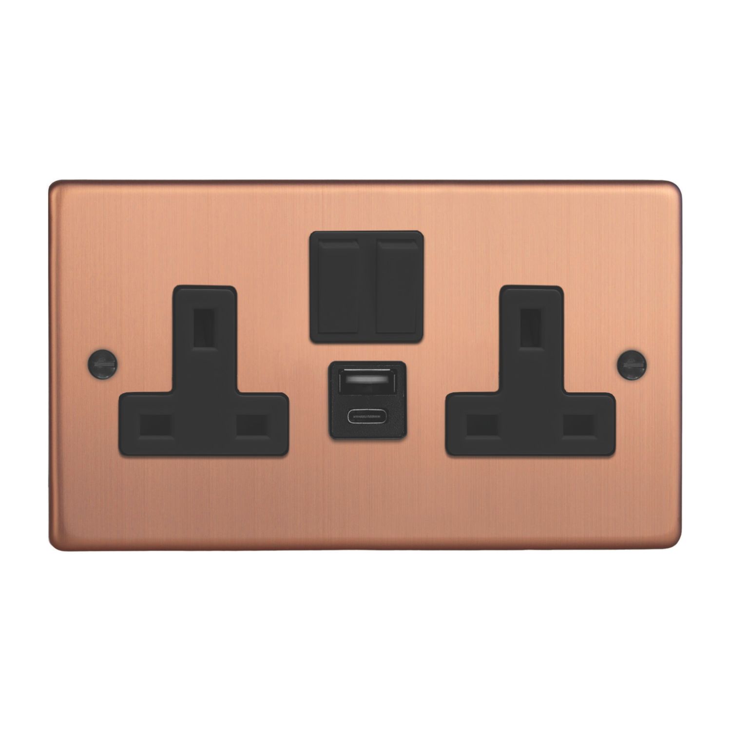 Varilight 13A 2-Gang SP Switched Socket + 4A 20W 2-Outlet Type A & C USB Charger Brushed Copper with Black Inserts (853EA)