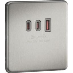 Knightsbridge  5A 63W 3-Outlet Type A & C USB Socket Brushed Chrome with Grey Inserts