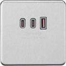 Knightsbridge 63W 5A 63W 3-Outlet Type A & C USB Socket Brushed Chrome with Grey Inserts