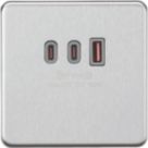 Knightsbridge  5A 63W 3-Outlet Type A & C USB Socket Brushed Chrome with Grey Inserts