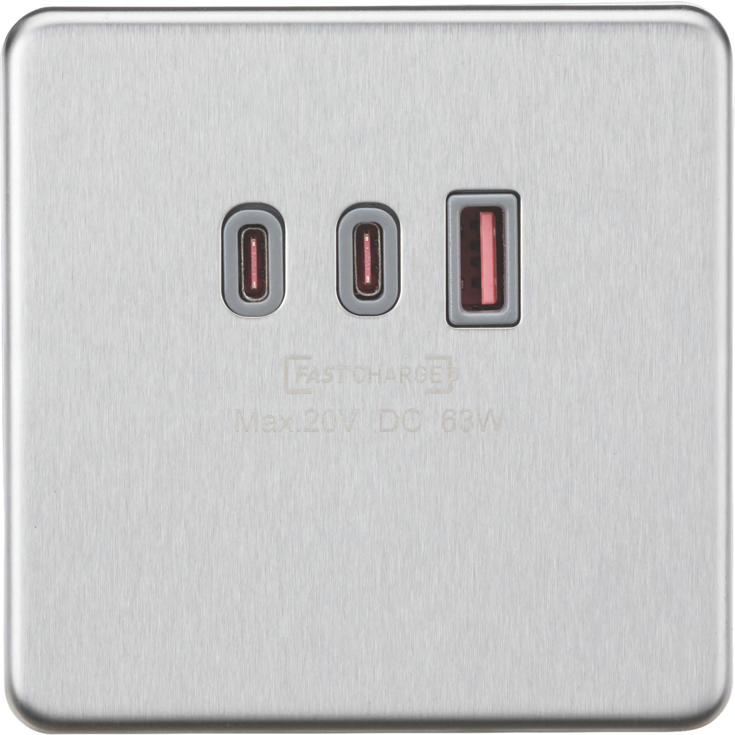 Knightsbridge 5A 63W 3-Outlet Type A & C USB Socket Brushed Chrome with Grey Inserts (853PX)