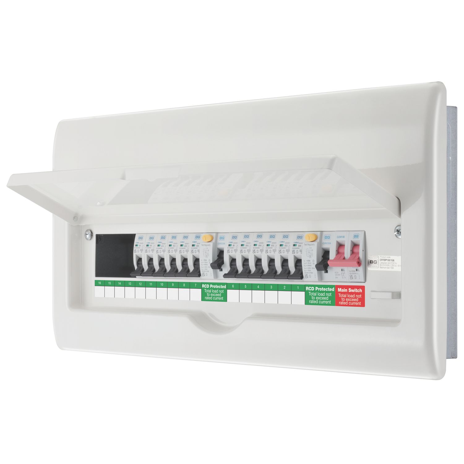 British General Fortress 22-Module 16-Way Part-Populated High Integrity Dual RCD Consumer Unit (853VF)