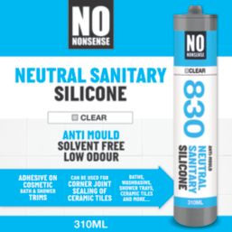 No Nonsense 830 Anti-Mould Neutral Sanitary Silicone Sealant Clear 310ml 12 Pack