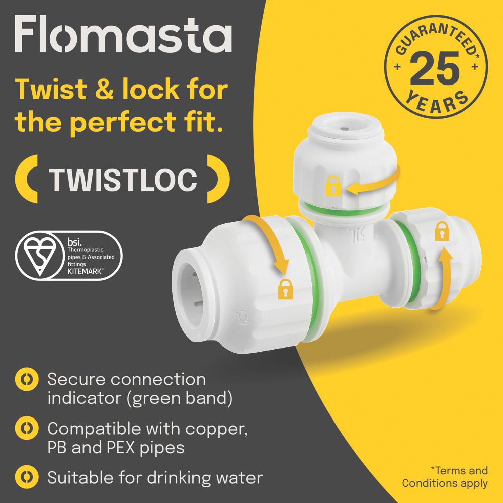 Flomasta Twistloc Plastic Push-Fit Reducing Tee 15mm x 10mm x 10mm -  Screwfix