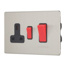 Contactum Lyric 45A 2-Gang DP Cooker Switch & 13A DP Switched Socket Brushed Steel  with Black Inserts