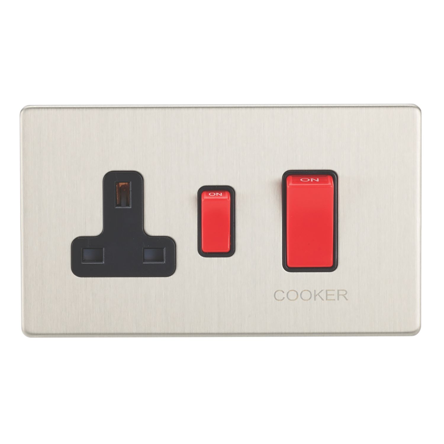 Contactum Lyric 45A 2-Gang DP Cooker Switch & 13A DP Switched Socket Brushed Steel with Black Inserts (856RK)