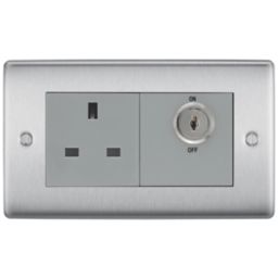 British General Nexus Metal 13A Key Switch 1-Gang DP Switched Socket Brushed Steel with Graphite Inserts