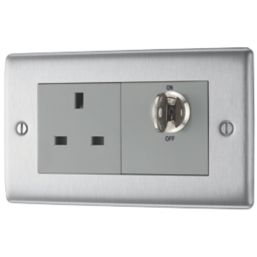 British General Nexus Metal 13A Key Switch 1-Gang DP Switched Socket Brushed Steel with Graphite Inserts
