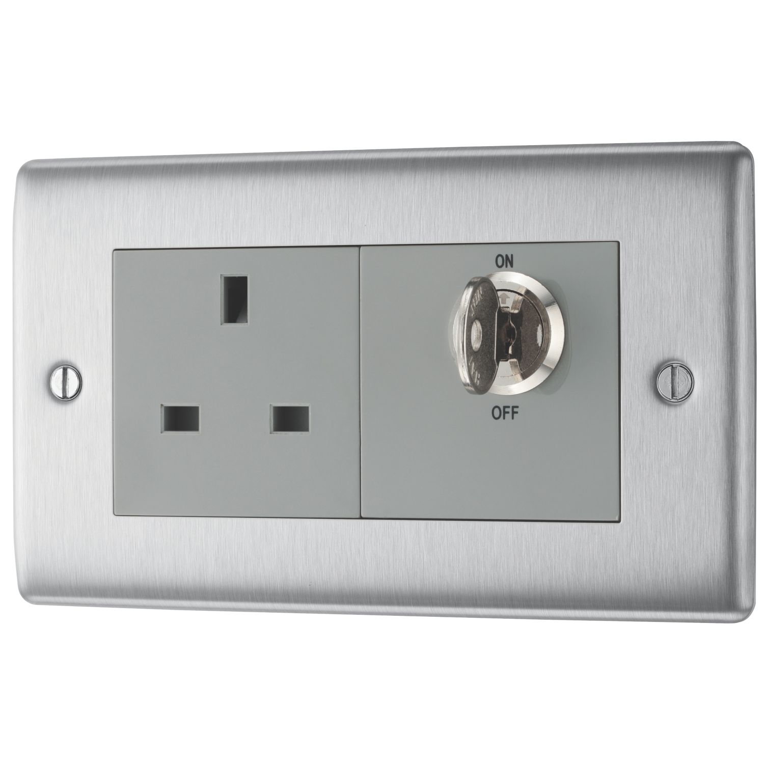 British General Nexus Metal 13A Key Switch 1-Gang DP Switched Socket Brushed Steel with Graphite Inserts (856XF)