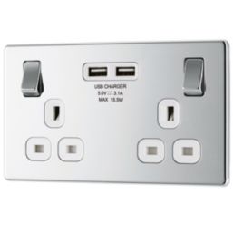 LAP  13A 2-Gang DP Switched Socket + 3.1A 15.5W 2-Outlet Type A USB Charger Polished Chrome with White Inserts