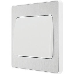 British General Evolve 20 A 16AX 1-Gang 2-Way Wide Rocker Light Switch  Brushed Steel with White Inserts