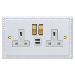 Varilight  13A 2-Gang SP Switched Socket + 3A 45W 2-Outlet Type C USB Charger Georgian White with White Inserts