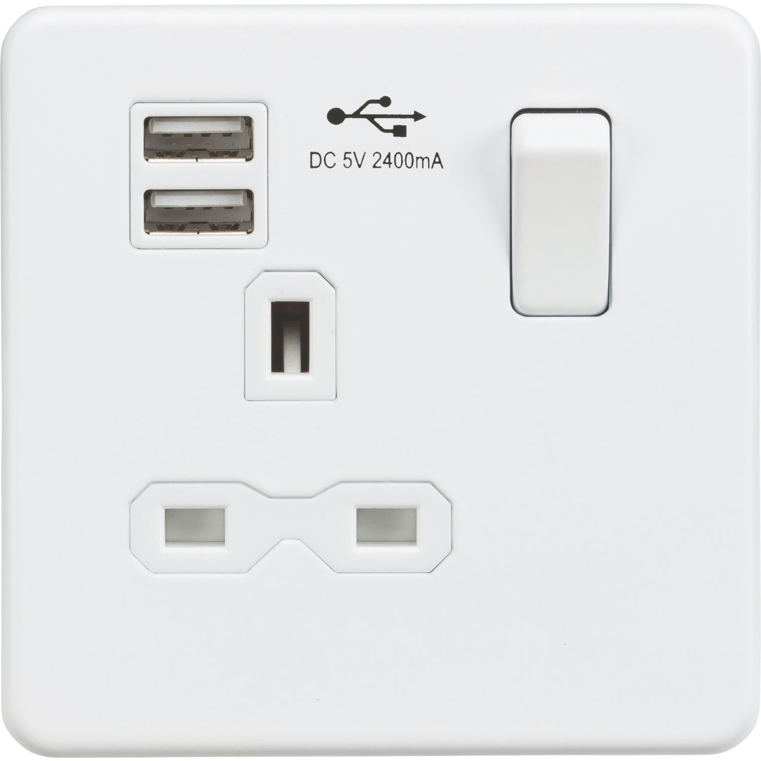 Knightsbridge 13A 1-Gang SP Switched Socket + 2.4A 12W 2-Outlet Type A USB Charger Matt White with White Inserts (860VF)