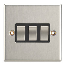 Contactum iConic 10AX 3-Gang 2-Way Light Switch  Brushed Steel with Black Inserts