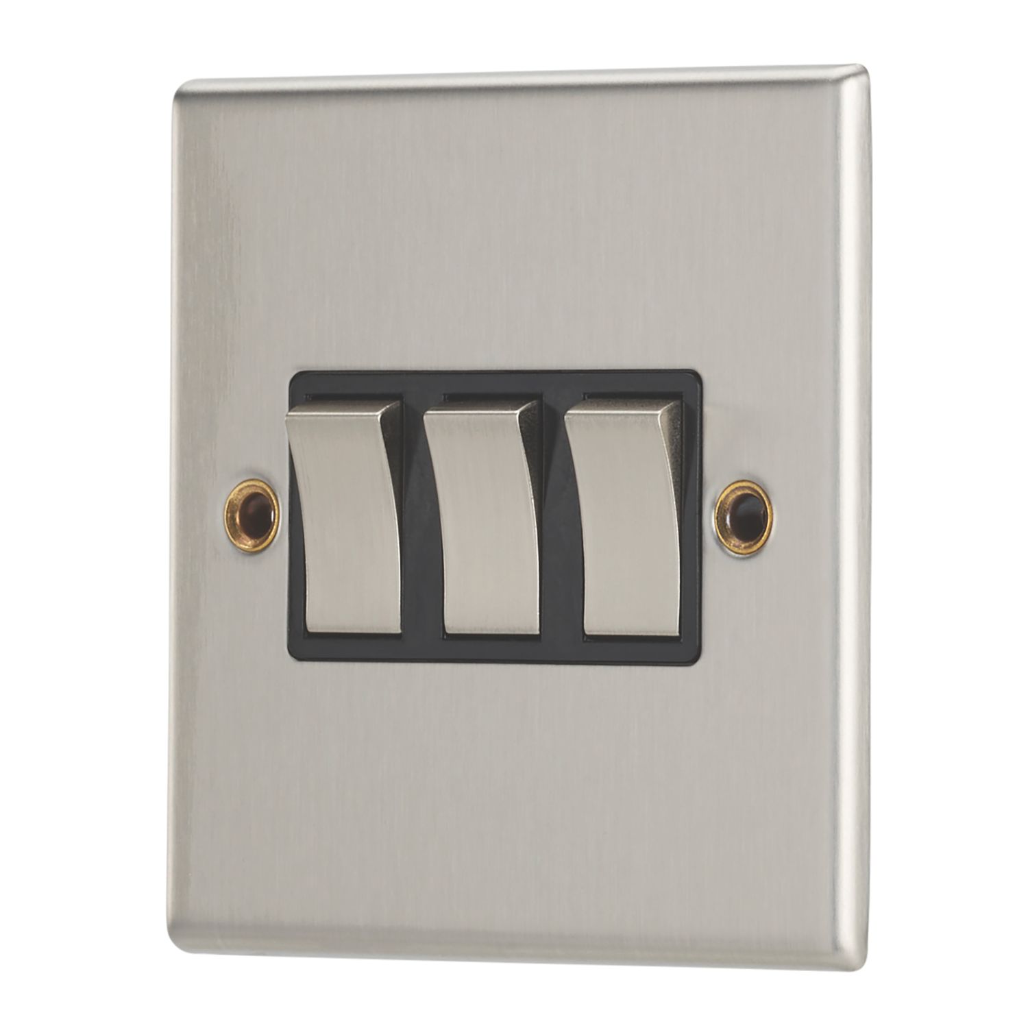 Contactum iConic 10AX 3-Gang 2-Way Light Switch Brushed Steel with Black Inserts (861RP)