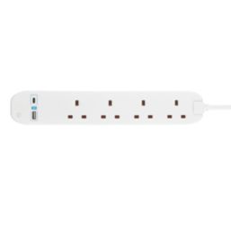 Masterplug 13A 4-Gang Unswitched  Extension Lead + 2.1A 2-Outlet Type A & C USB Charger White 1m
