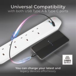 Masterplug 13A 4-Gang Unswitched  Extension Lead + 2.1A 2-Outlet Type A & C USB Charger White 1m