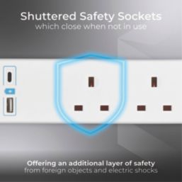 Masterplug 13A 4-Gang Unswitched  Extension Lead + 2.1A 2-Outlet Type A & C USB Charger White 1m