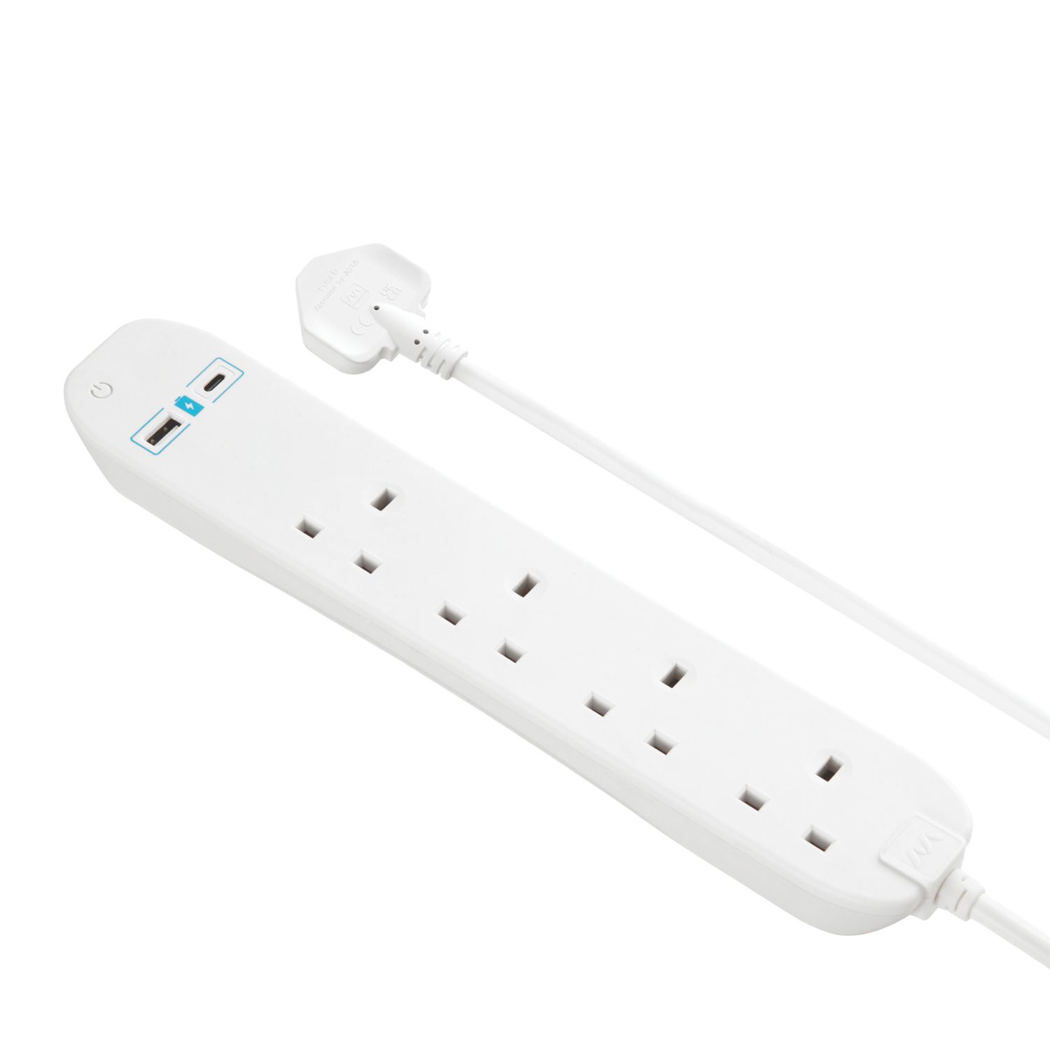 Masterplug 13A 4-Gang Unswitched Extension Lead + 2.1A 2-Outlet Type A & C USB Charger White 1m (863CH)