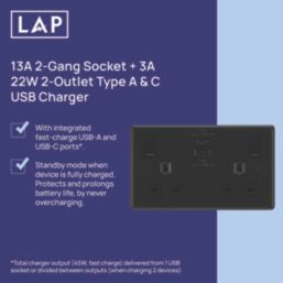LAP  13A 2-Gang SP Switched Socket + 3A 22W 2-Outlet Type A & C USB Charger Matt Black with Black Inserts