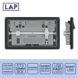 LAP  13A 2-Gang SP Switched Socket + 3A 22W 2-Outlet Type A & C USB Charger Matt Black with Black Inserts