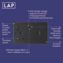 LAP  13A 2-Gang SP Switched Socket + 3A 22W 2-Outlet Type A & C USB Charger Matt Black with Black Inserts