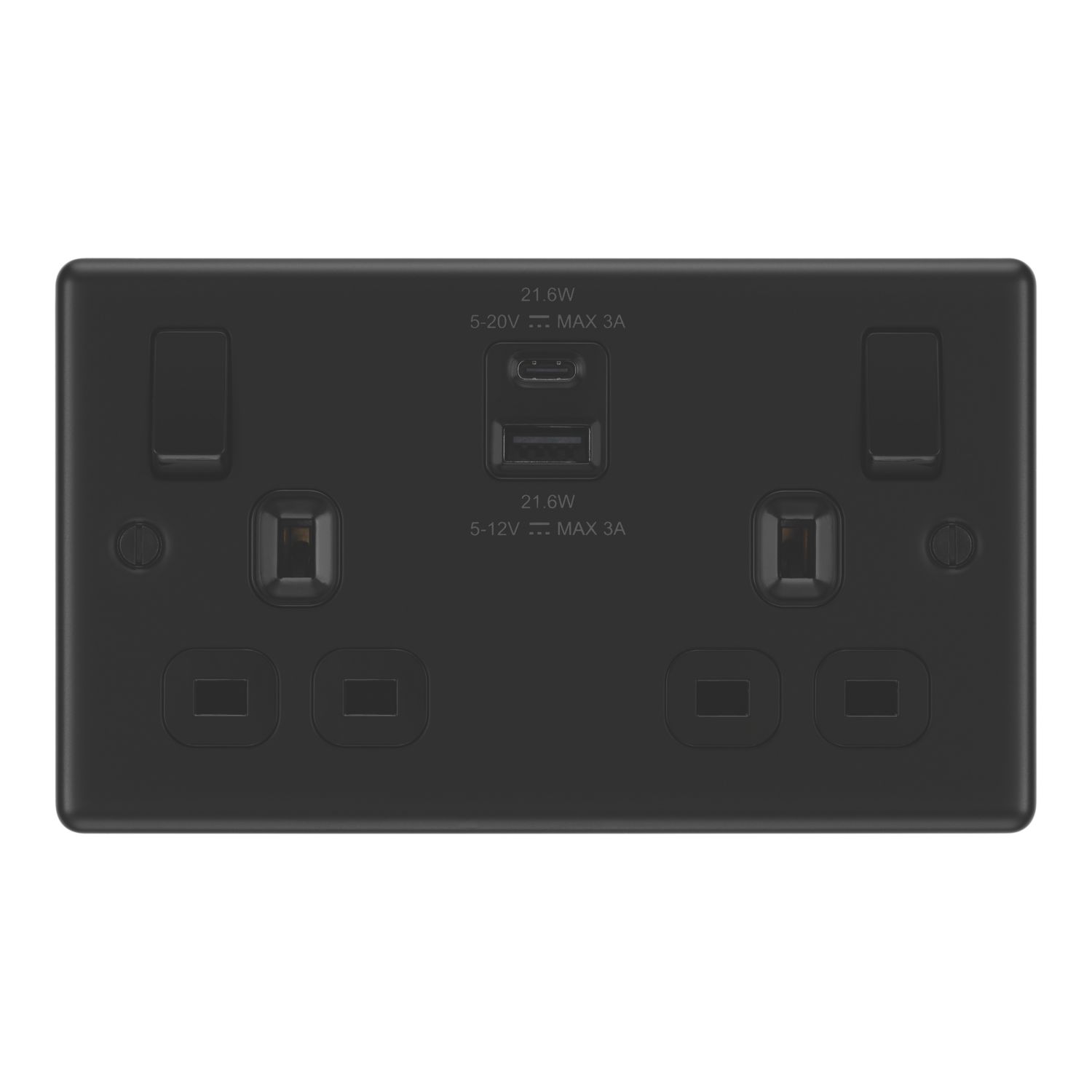 LAP 13A 2-Gang SP Switched Socket + 3A 22W 2-Outlet Type A & C USB Charger Matt Black with Black Inserts (863PN)