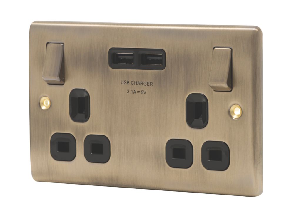 British General Nexus Metal 13A 2-Gang SP Switched Socket + 3.1A 15.5W 2-Outlet Type A USB Charger Antique Brass with Black Inserts